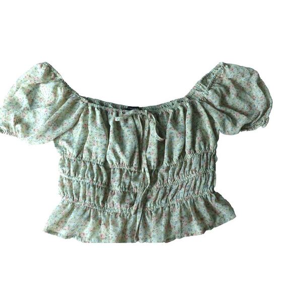 Forever 21 Women’s M Floral Peasant Top Cinched Cap Sleeve Milkmaid Cropped - Picture 1 of 7